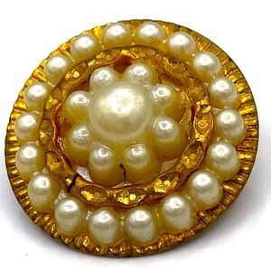 Vintage Brass Tone Faux Pearl Round Dome Brooch with Cut Brass Twisted Design